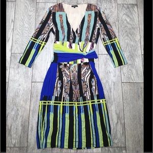 Etro 3/4 sleeve faux wrap blue print dress